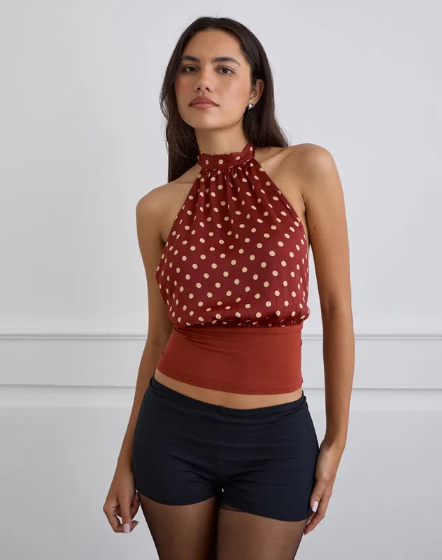 Rania Backless Top in Polka Burnt Red sold by Motel Rocks