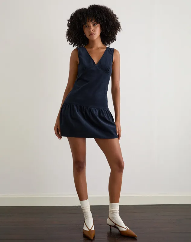 Sarabi Plunge Mini Dress in Cord Navy sold by Motel Rocks