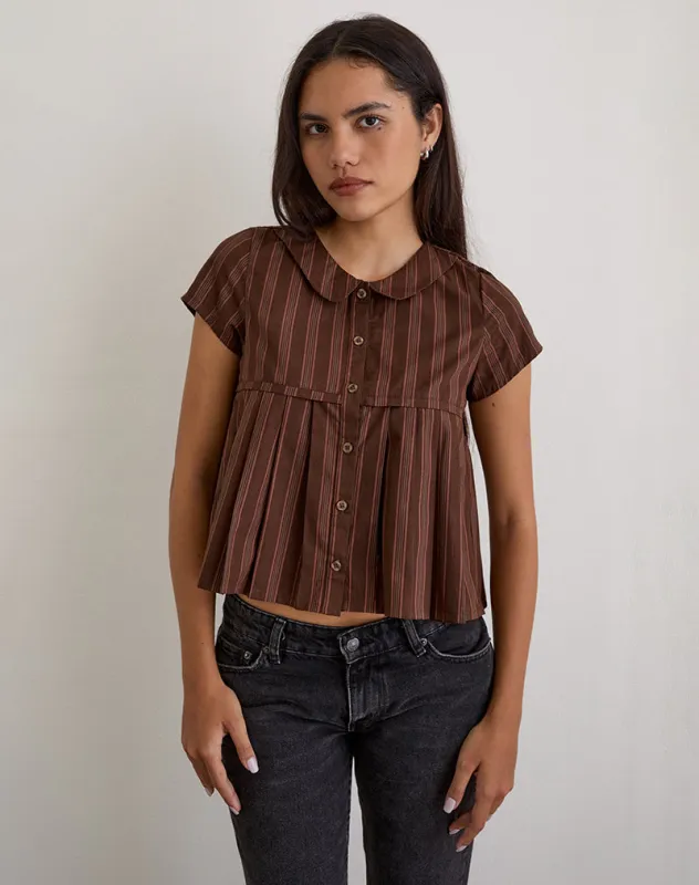 Kaelis Pleated Blouse in Stripe Brown sold by Motel Rocks