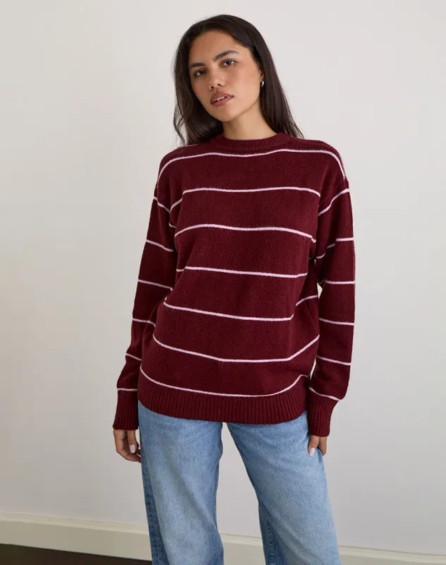 Ishari Knitted Jumper in Burgundy with Pink Stripe sold by Motel Rocks
