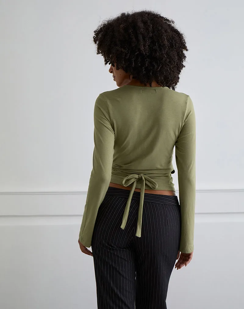 Kien Long Sleeve Wrap Top in Olive sold by Motel Rocks product image thumbnail 3