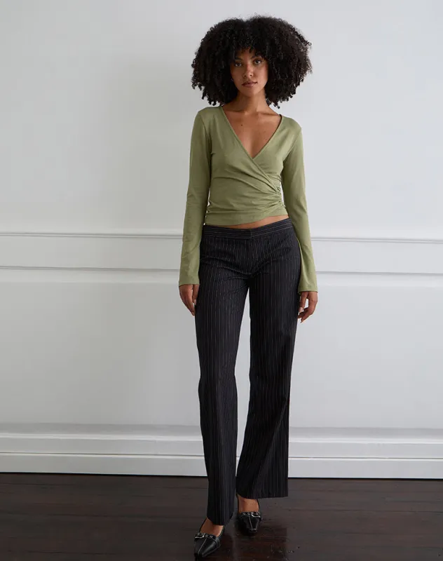 Kien Long Sleeve Wrap Top in Olive sold by Motel Rocks
