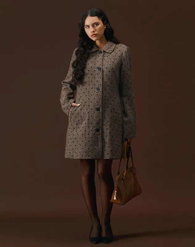 Lirena Longline Coat in Polka Brown sold by Motel Rocks