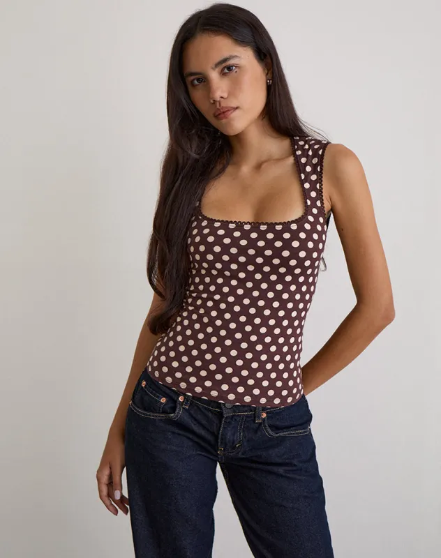 Jinalo Sweetheart Top in Brown with Small Cream Polka Prints sold by Motel Rocks