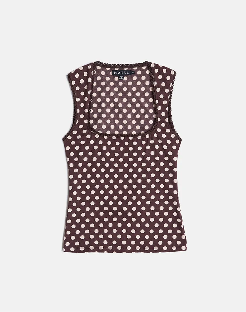 Jinalo Sweetheart Top in Brown with Small Cream Polka Prints sold by Motel Rocks product image thumbnail 5