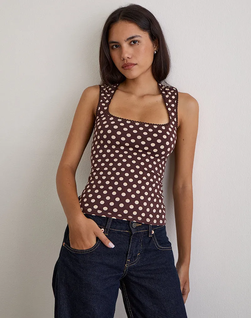 Jinalo Sweetheart Top in Brown with Small Cream Polka Prints sold by Motel Rocks product image thumbnail 4