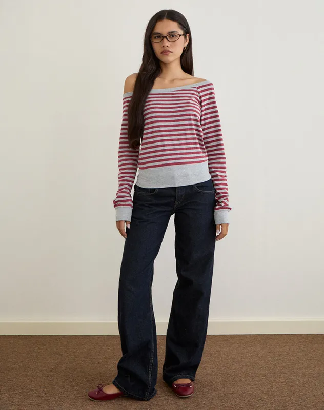 Yacin Slouchy Top in Grey and Burgundy Stripe sold by Motel Rocks