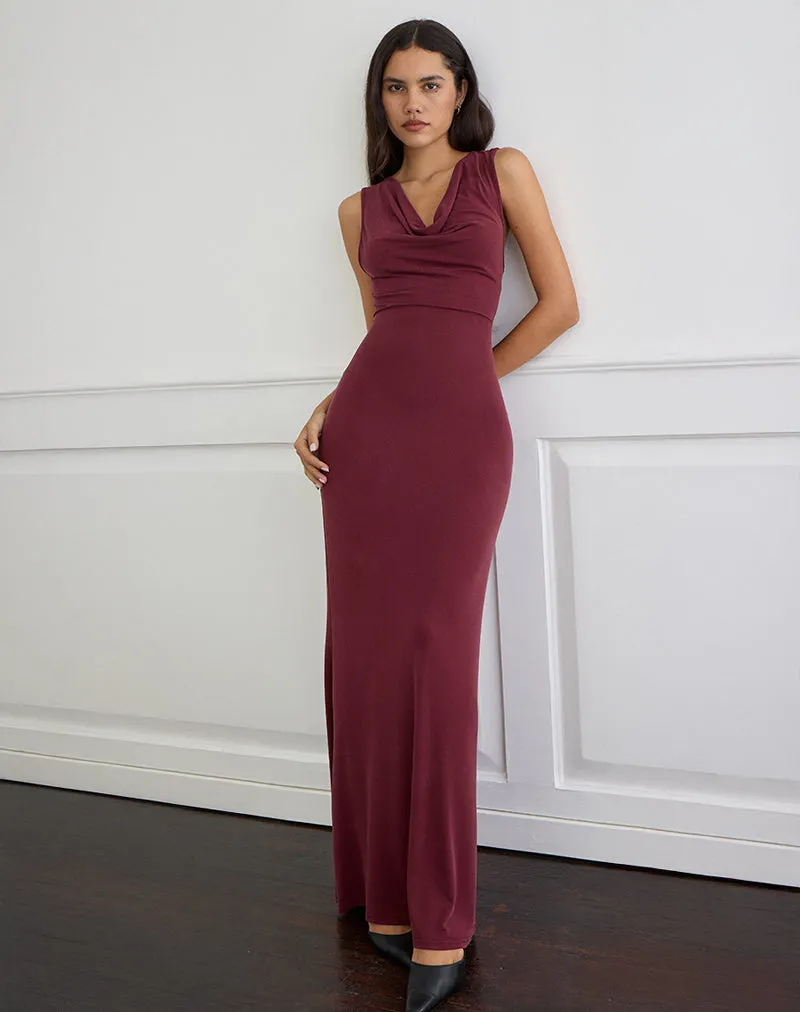 Namra Cowl Neck Maxi Dress in Cupro Burgundy sold by Motel Rocks