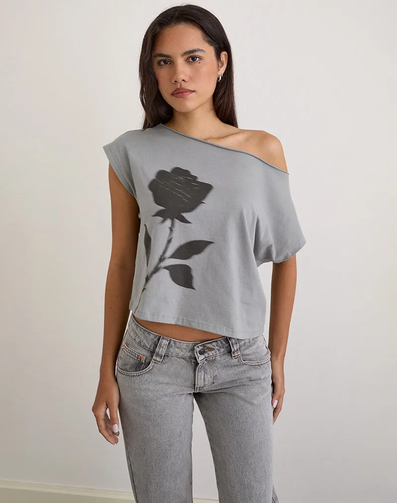 Balia Asymmetric Short Sleeve Basic Top in Grey with Blurred Rose Print sold by Motel Rocks product image thumbnail 2