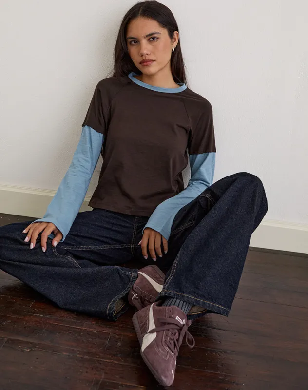 Enid Layered T-Shirt in Chocolate Brown and Light Blue sold by Motel Rocks