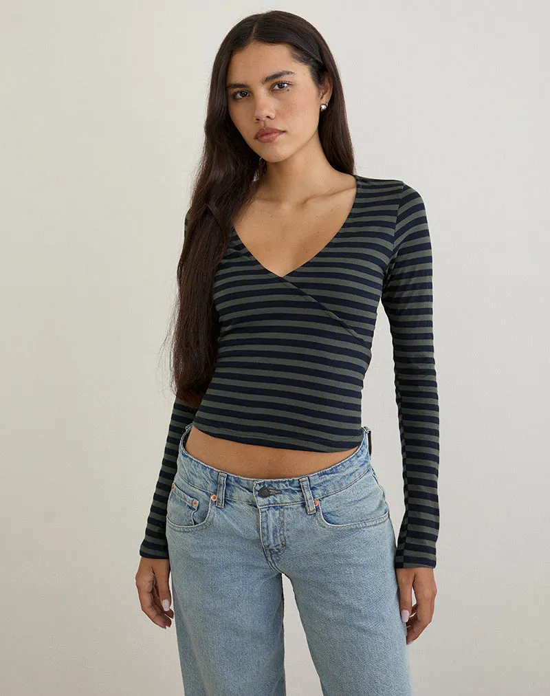 Dulcet Ribbed Plunge Top in Classic Striped Navy and Grey sold by Motel Rocks product image thumbnail 2