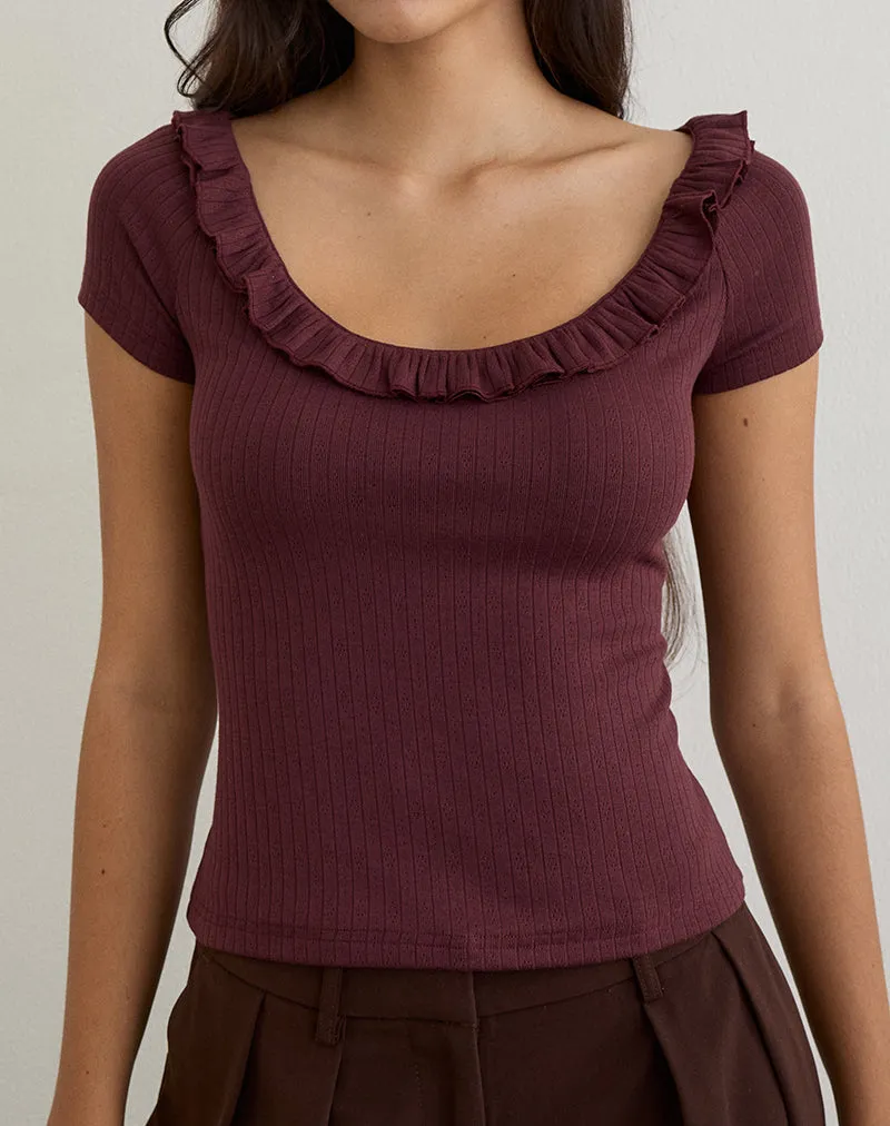 Mitali Top with Ruffle in Pointelle Burgundy sold by Motel Rocks product image thumbnail 2