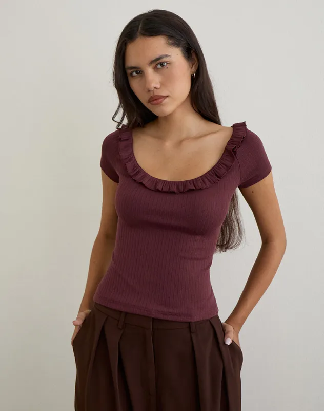 Mitali Top with Ruffle in Pointelle Burgundy sold by Motel Rocks