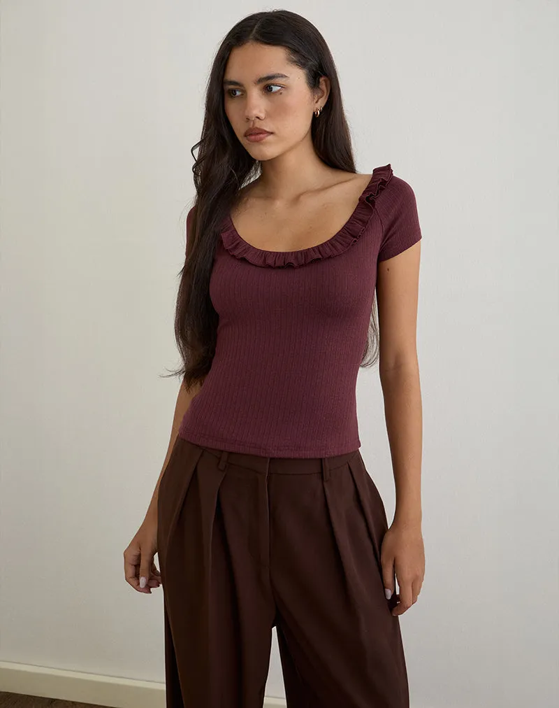 Mitali Top with Ruffle in Pointelle Burgundy sold by Motel Rocks product image thumbnail 3