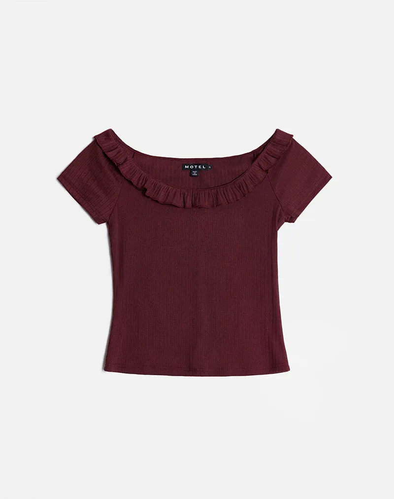 Mitali Top with Ruffle in Pointelle Burgundy sold by Motel Rocks product image thumbnail 5