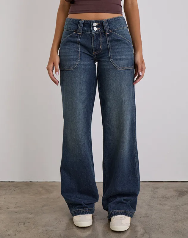 Low Rise Relaxed Cargo Jeans in Mid Blue Tint sold by Motel Rocks