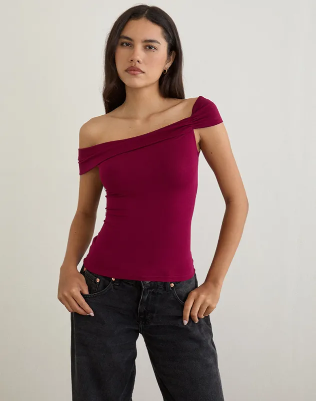 Cuthbe Off the Shoulder Twist Top in Burgundy sold by Motel Rocks