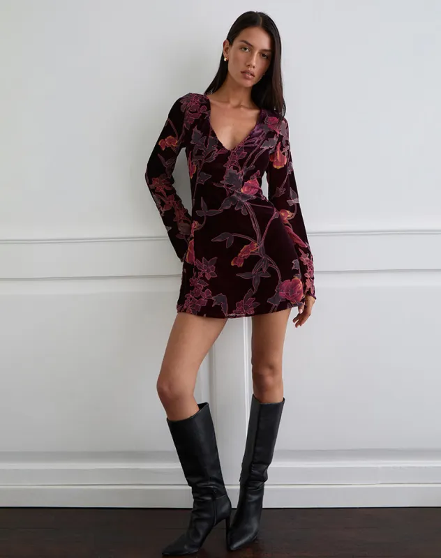 Alitra Mini Dress in Floral Devore Burgundy sold by Motel Rocks