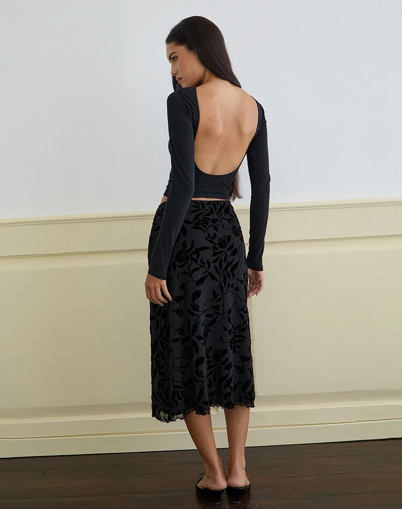 Atira Midi Skirt in Flock Leaf Flower Black sold by Motel Rocks product image thumbnail 4