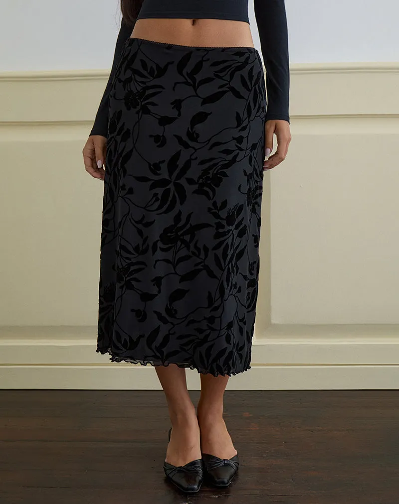 Atira Midi Skirt in Flock Leaf Flower Black sold by Motel Rocks