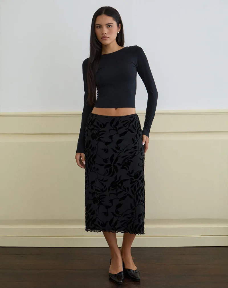 Atira Midi Skirt in Flock Leaf Flower Black sold by Motel Rocks product image thumbnail 3