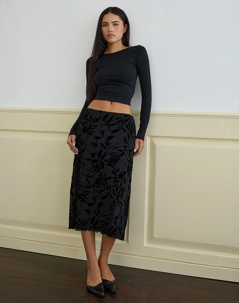Atira Midi Skirt in Flock Leaf Flower Black sold by Motel Rocks product image thumbnail 2