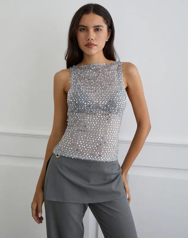 Dudley Vest Top in Sequin Knit Dark Silver sold by Motel Rocks