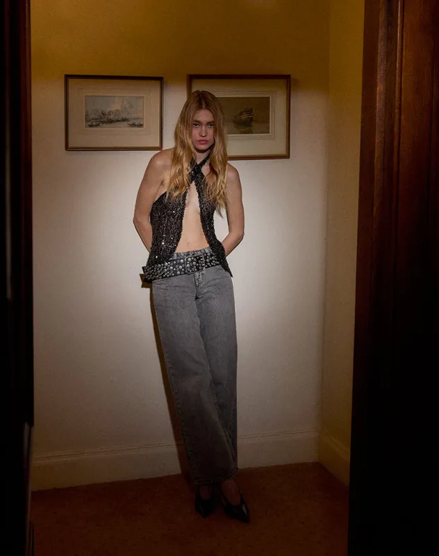 Ruway Unlined Scarf Top in Sequin Black sold by Motel Rocks