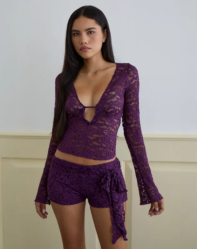 Mahota Deep Plunge Long Sleeve Top in Lace Purple made by Motel Rocks