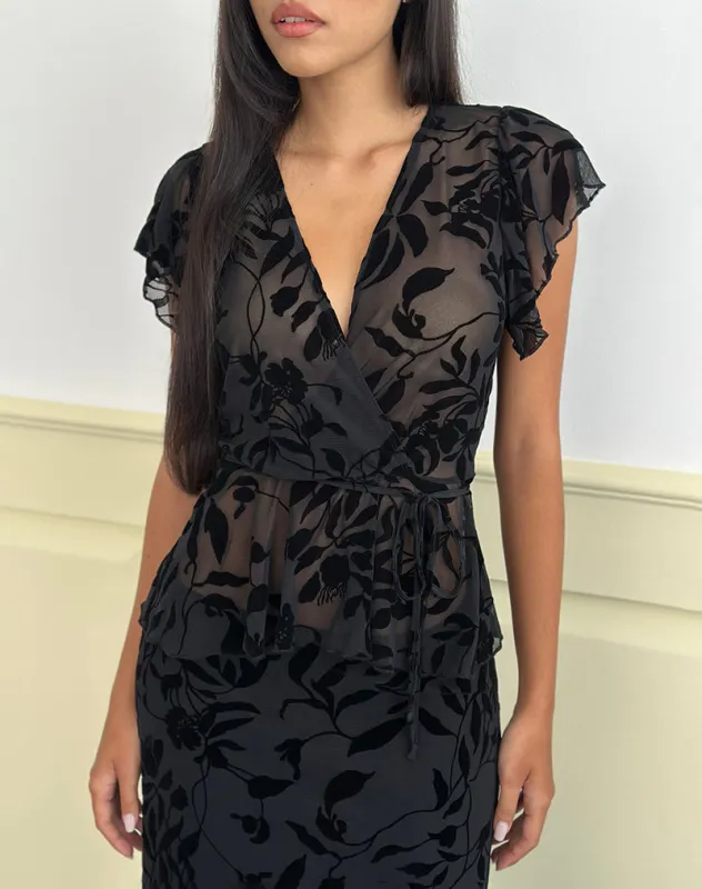 Giuliana Wrap Top in Flock Leaf Flower Black sold by Motel Rocks