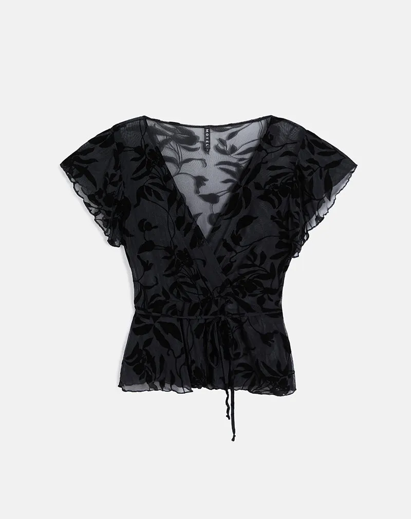 Giuliana Wrap Top in Flock Leaf Flower Black sold by Motel Rocks product image thumbnail 4