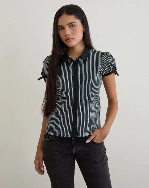 Rosabe Blouse in Black and Grey Monostripe sold by Motel Rocks