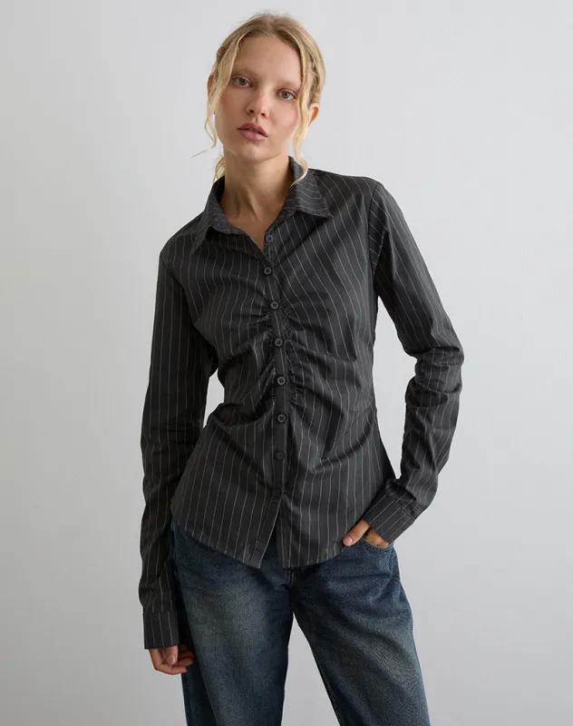 Tarsi Fitted Shirt in Mono Pinstripe Grey sold by Motel Rocks