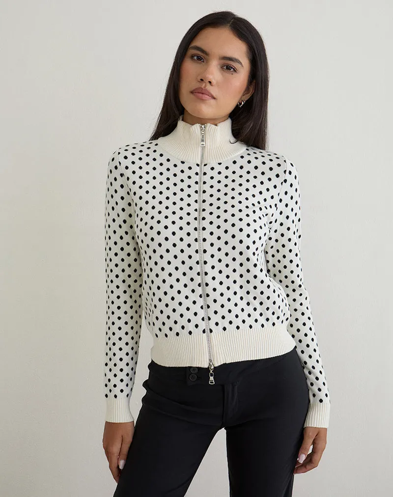 Talisa Zip Through Knit Jacket in Tiny Polka Ivory sold by Motel Rocks