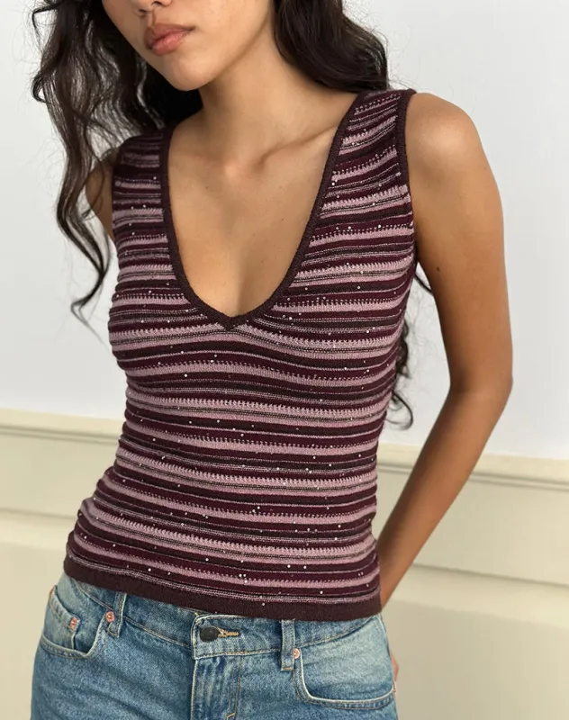 Lycia Plunge Top in Glitter Knit Striped Purple sold by Motel Rocks