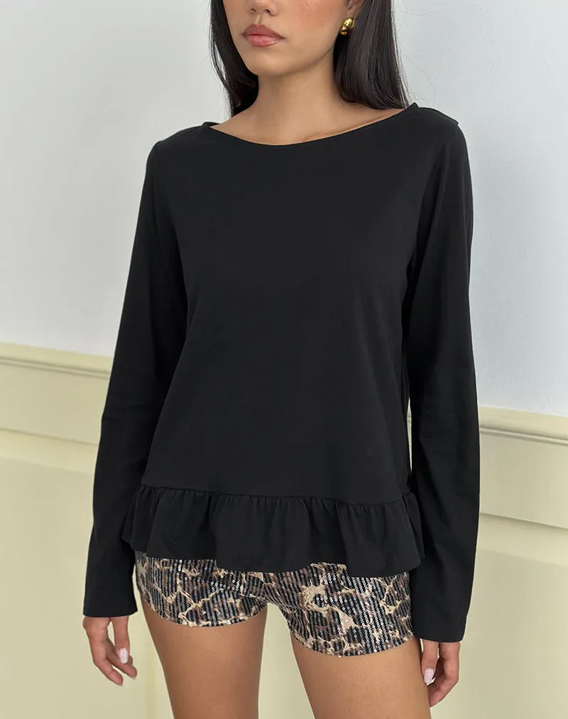 Vivala Boxy Long Sleeve Top in Black with Frill Hem sold by Motel Rocks product image thumbnail 2