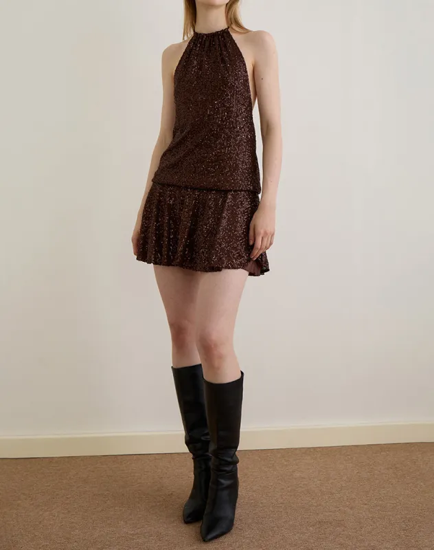 Veloria Mini Dress in Drape Sequin Brown sold by Motel Rocks