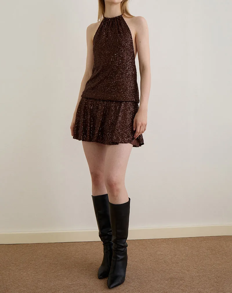 Veloria Mini Dress in Drape Sequin Brown sold by Motel Rocks