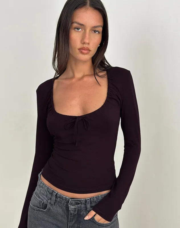 Aye Plunge Long Sleeve Top with Ruched Neck in Redwood made by Motel Rocks