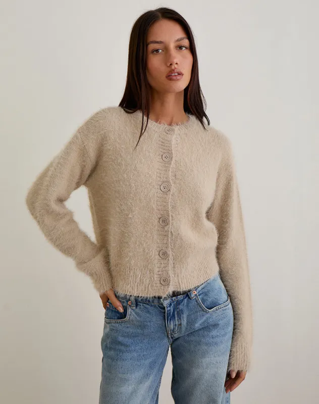 Audrina Cardigan in Fluffy Knit Beige sold by Motel Rocks