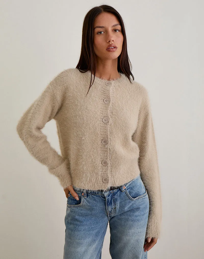 Audrina Cardigan in Fluffy Knit Beige sold by Motel Rocks
