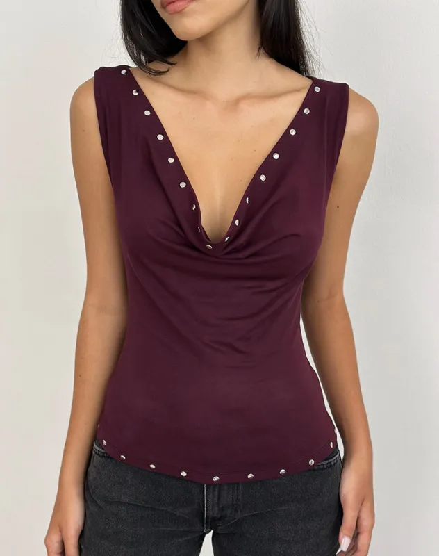 Slater Studded Top in Rayon Jersey Dark Plum made by Motel Rocks