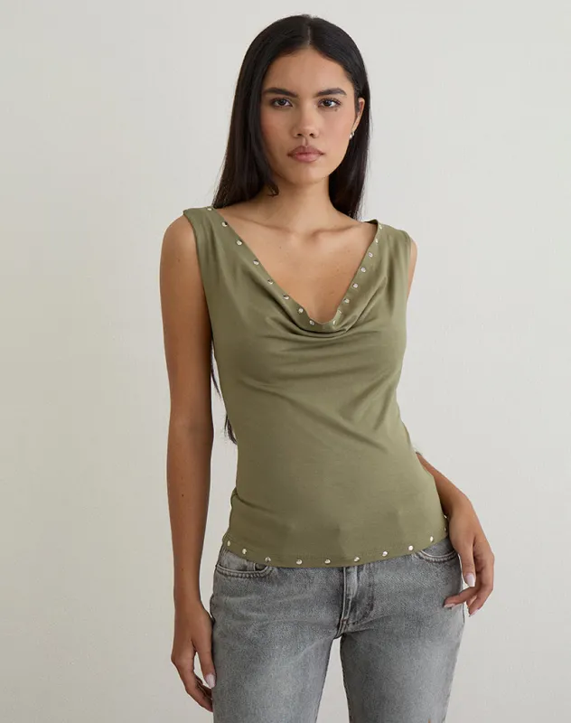 Slater Studded Top in Rayon Jersey Khaki made by Motel Rocks
