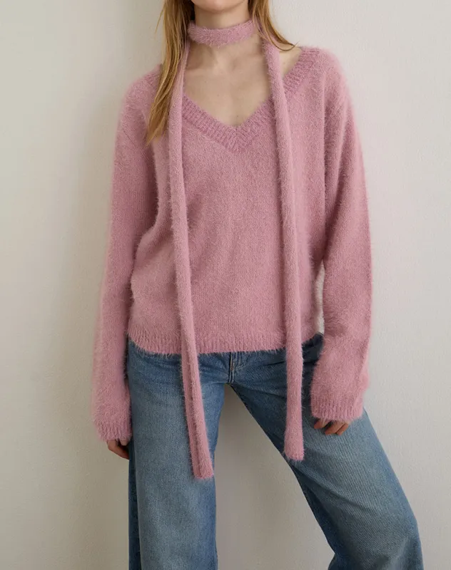 Dikara Jumper with Scarf in Knit Dusty Pink sold by Motel Rocks