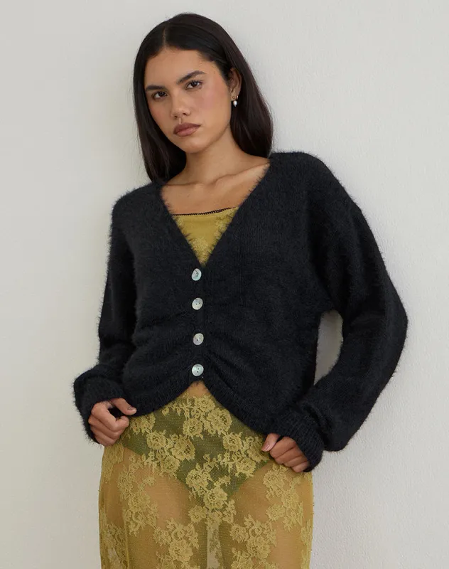 Jiyo Gathered Cardigan in Knit Black made by Motel Rocks