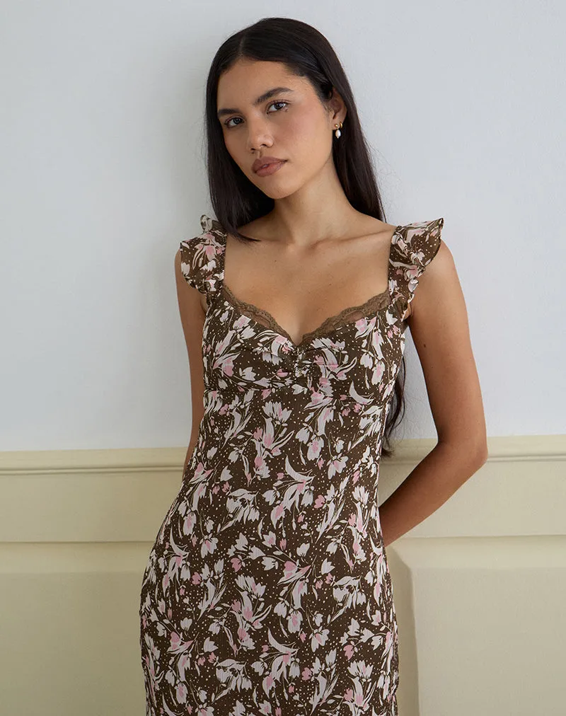 Daita Midi Dress in Chiffon Polka Flower Brown sold by Motel Rocks product image thumbnail 2