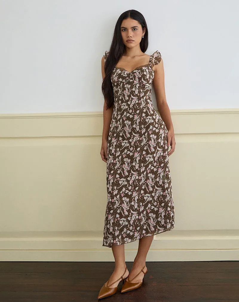 Daita Midi Dress in Chiffon Polka Flower Brown sold by Motel Rocks