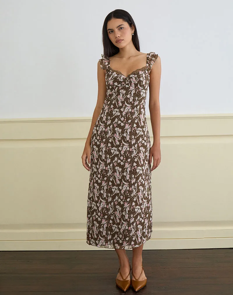 Daita Midi Dress in Chiffon Polka Flower Brown sold by Motel Rocks product image thumbnail 5