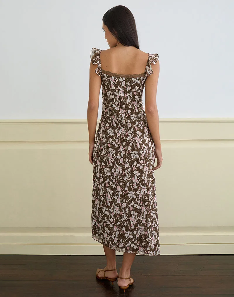 Daita Midi Dress in Chiffon Polka Flower Brown sold by Motel Rocks product image thumbnail 4