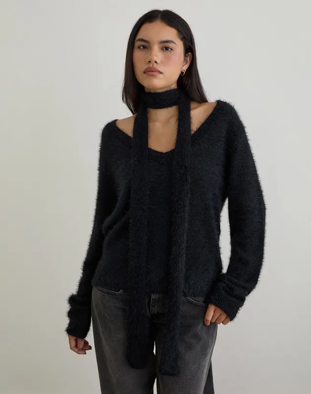 Dikara Jumper with Scarf in Knit Black sold by Motel Rocks